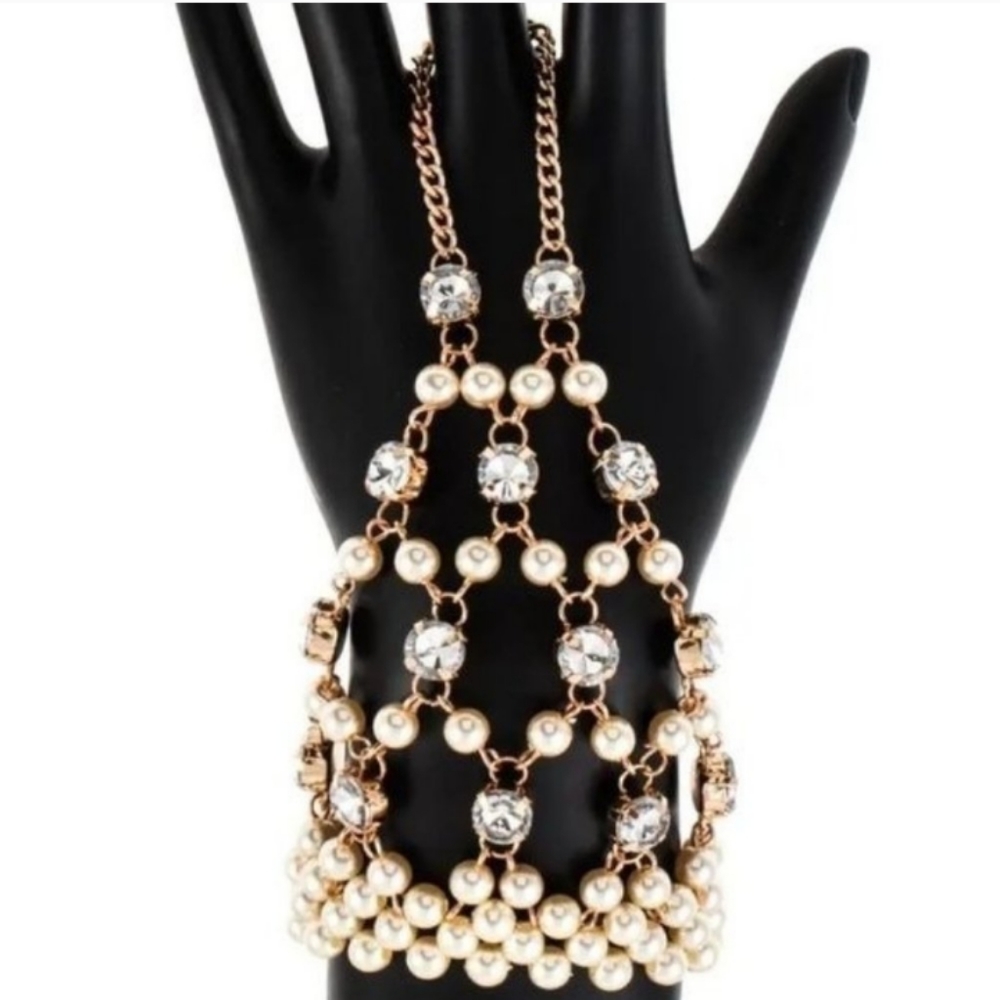 Bling Golden Faux Pearl & Rhinestone Hand Chain Ring Bracelet